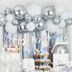 Ballongbåge med Streamers Vit/Silver Metallic