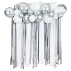 Ballongbåge med Streamers Vit/Silver Metallic