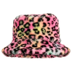 Bucket Hat i Fuskpäls Leopard Rosa