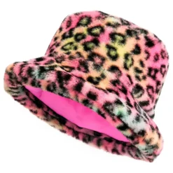 Bucket Hat i Fuskpäls Leopard Rosa