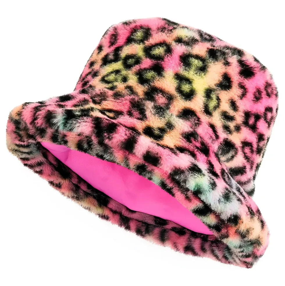 Bucket Hat i Fuskpäls Leopard Rosa