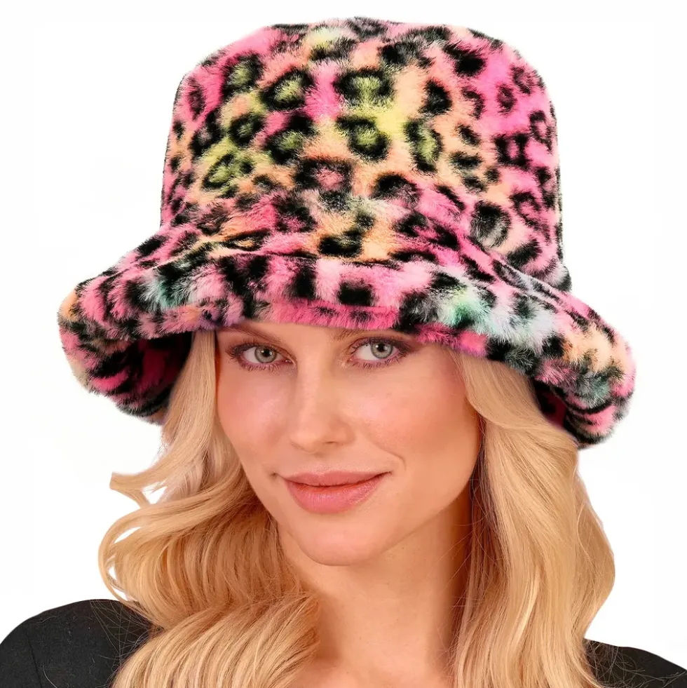 Bucket Hat i Fuskpäls Leopard Rosa