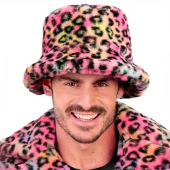 Bucket Hat i Fuskpäls Leopard Rosa