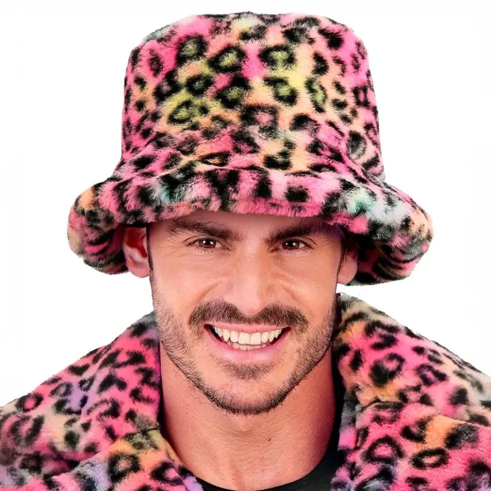 Bucket Hat i Fuskpäls Leopard Rosa