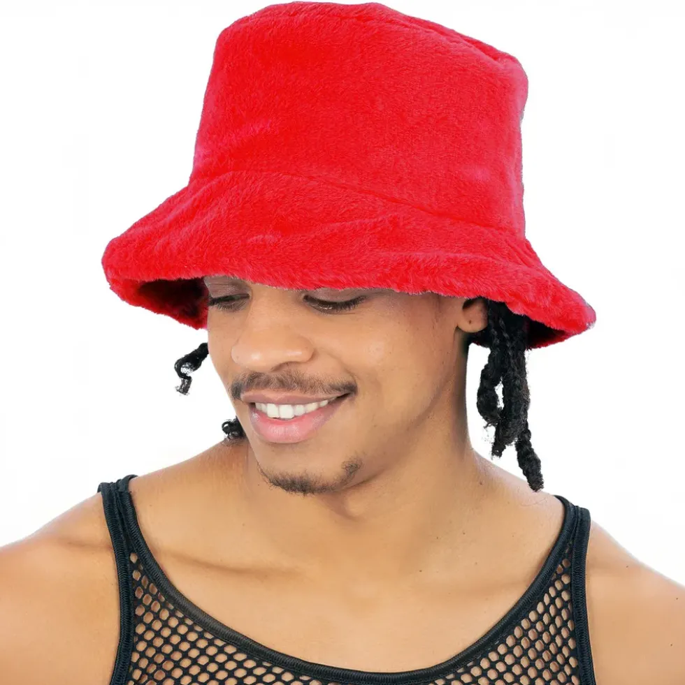 Bucket Hat i Fuskpäls Röd