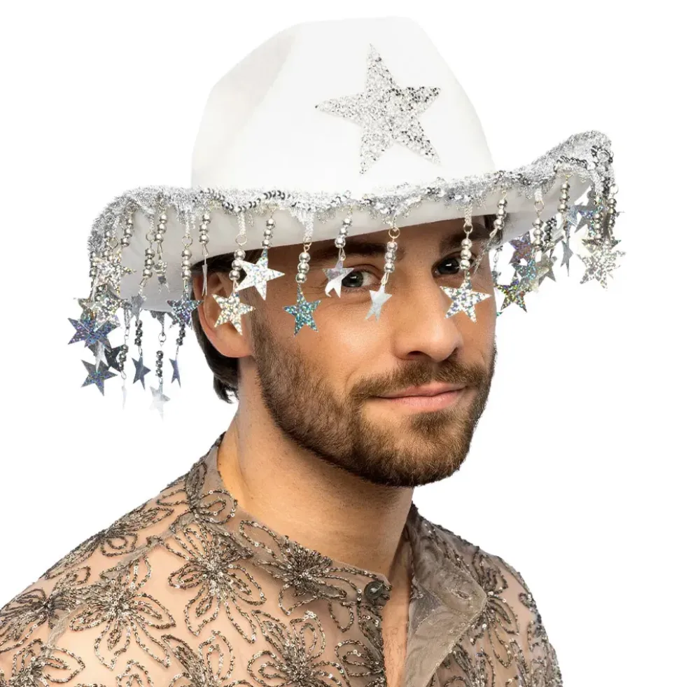 Cowboyhatt med Glitterstjärnor Vit