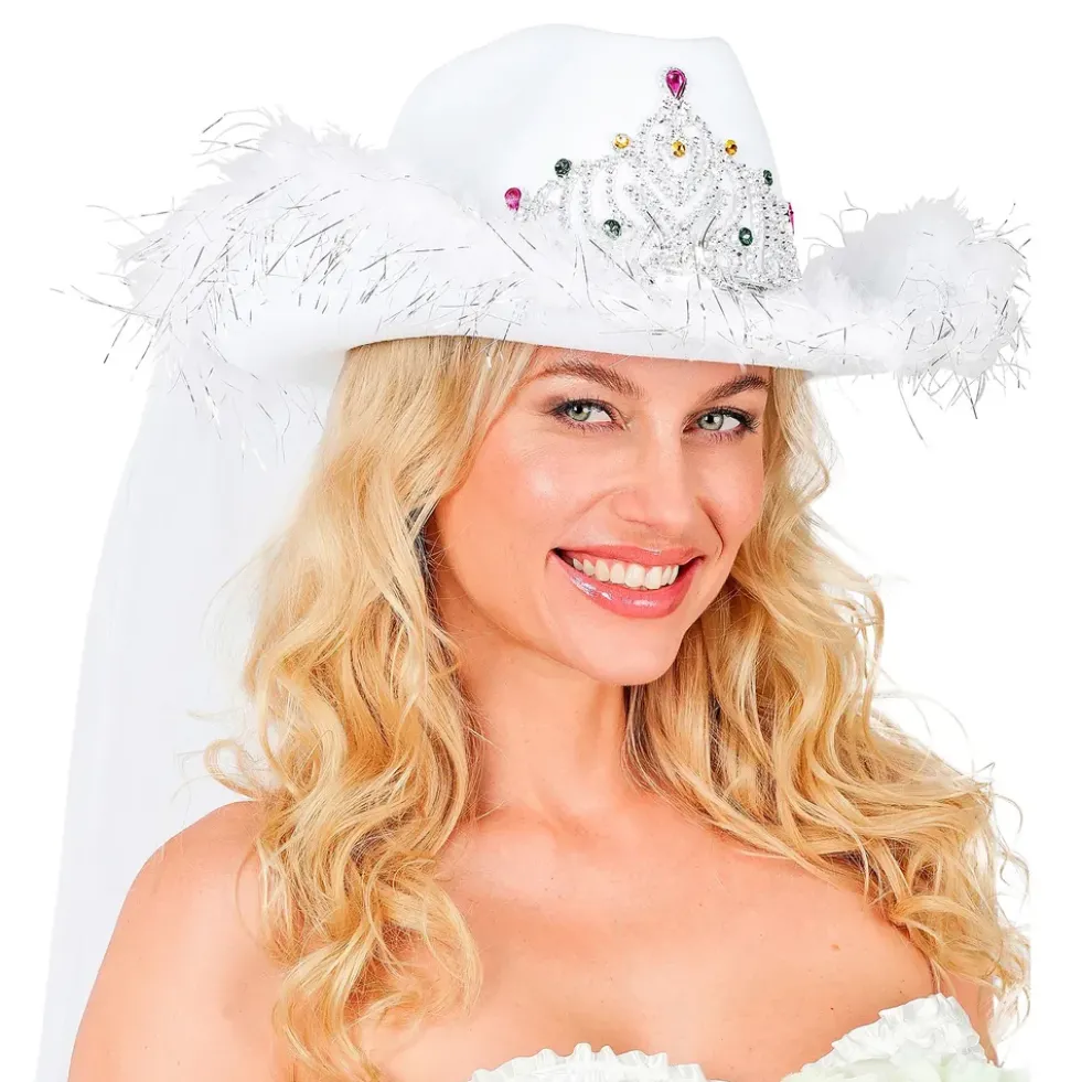 Cowboyhatt Vit med Tiara & Slöja
