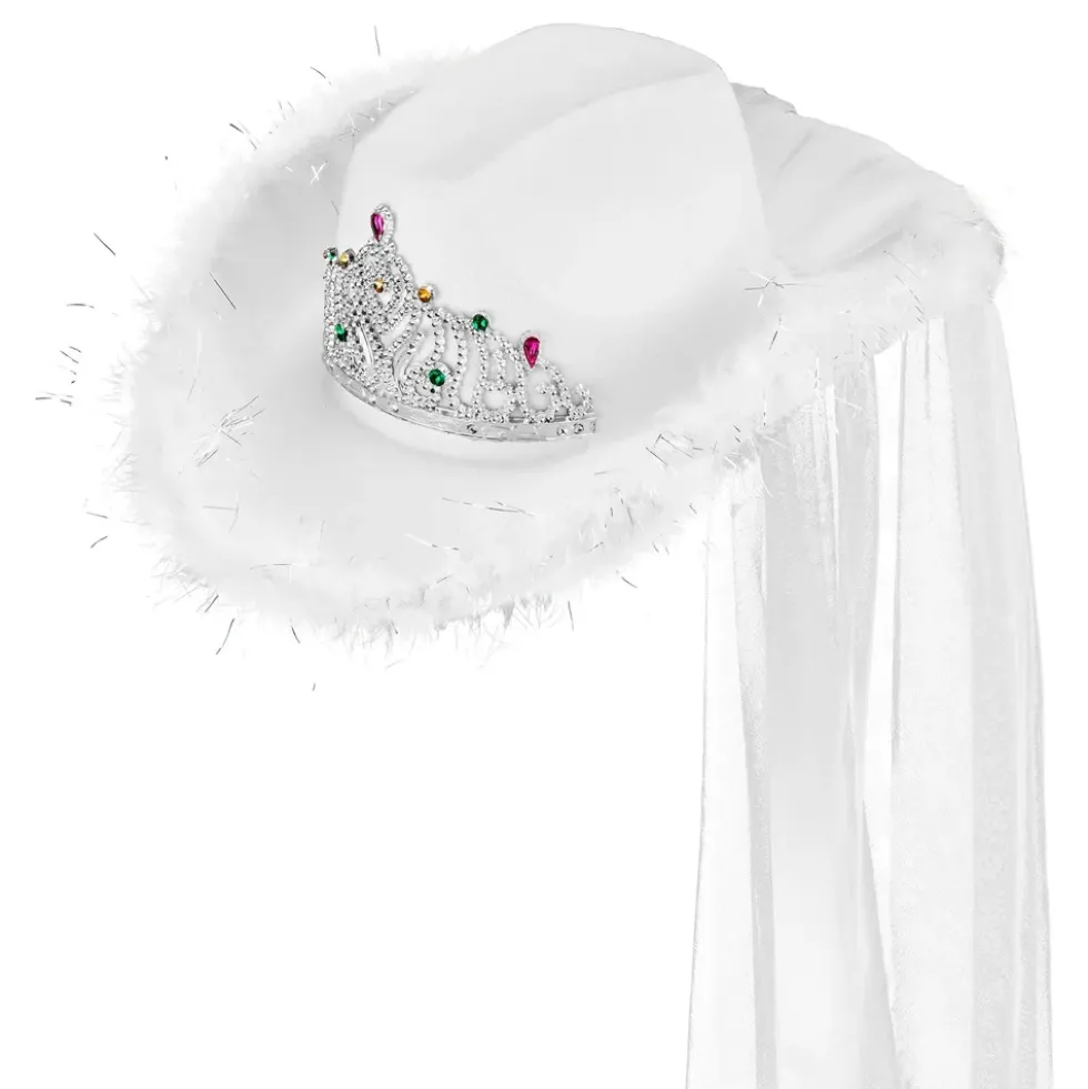 Cowboyhatt Vit med Tiara & Slöja