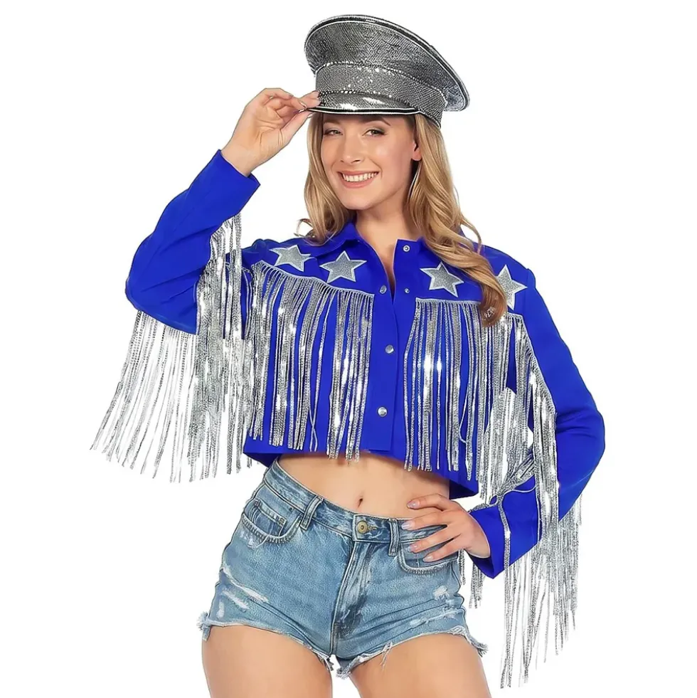 Cowboy Jacka med Fransar Blå Dam