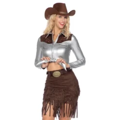 Cowgirl med Kjol Silver/Brun Deluxe Maskeraddräkt