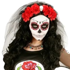 Day of the Dead Diadem med Röda Rosor