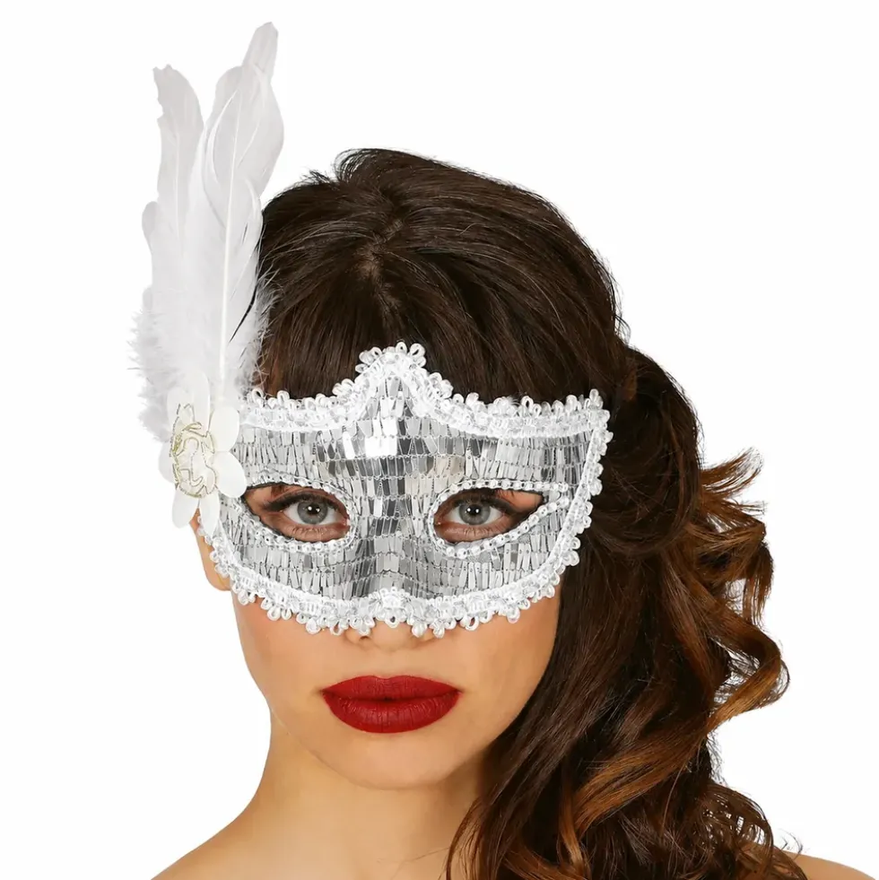 Ögonmask Silver Paljetter med Fjädrar