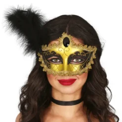 Ögonmask Svart/Guld med Fjäder