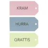 Hängetiketter Grattis/Kram/Hurra