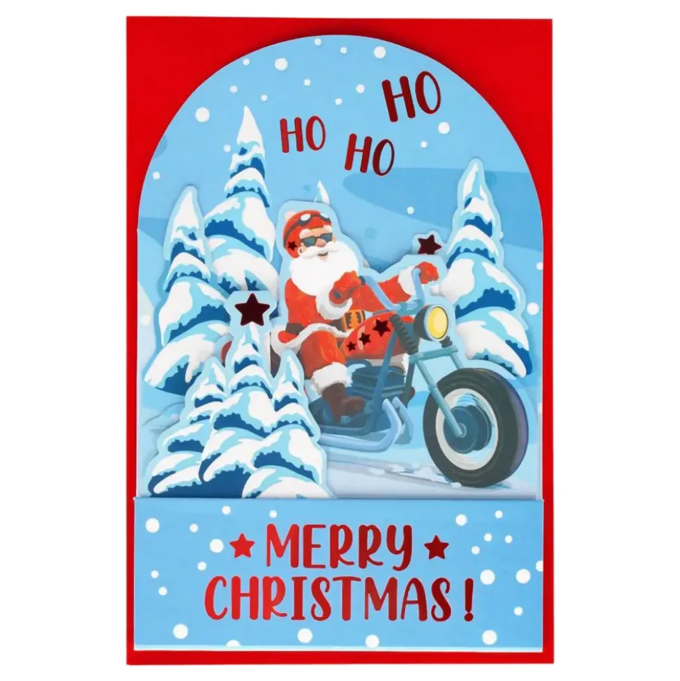 Julkort Pop-Up Tomte på Motorcykel