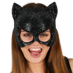 Katt Halvmask med Strass Svart