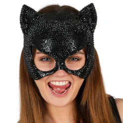 Katt Halvmask med Strass Svart