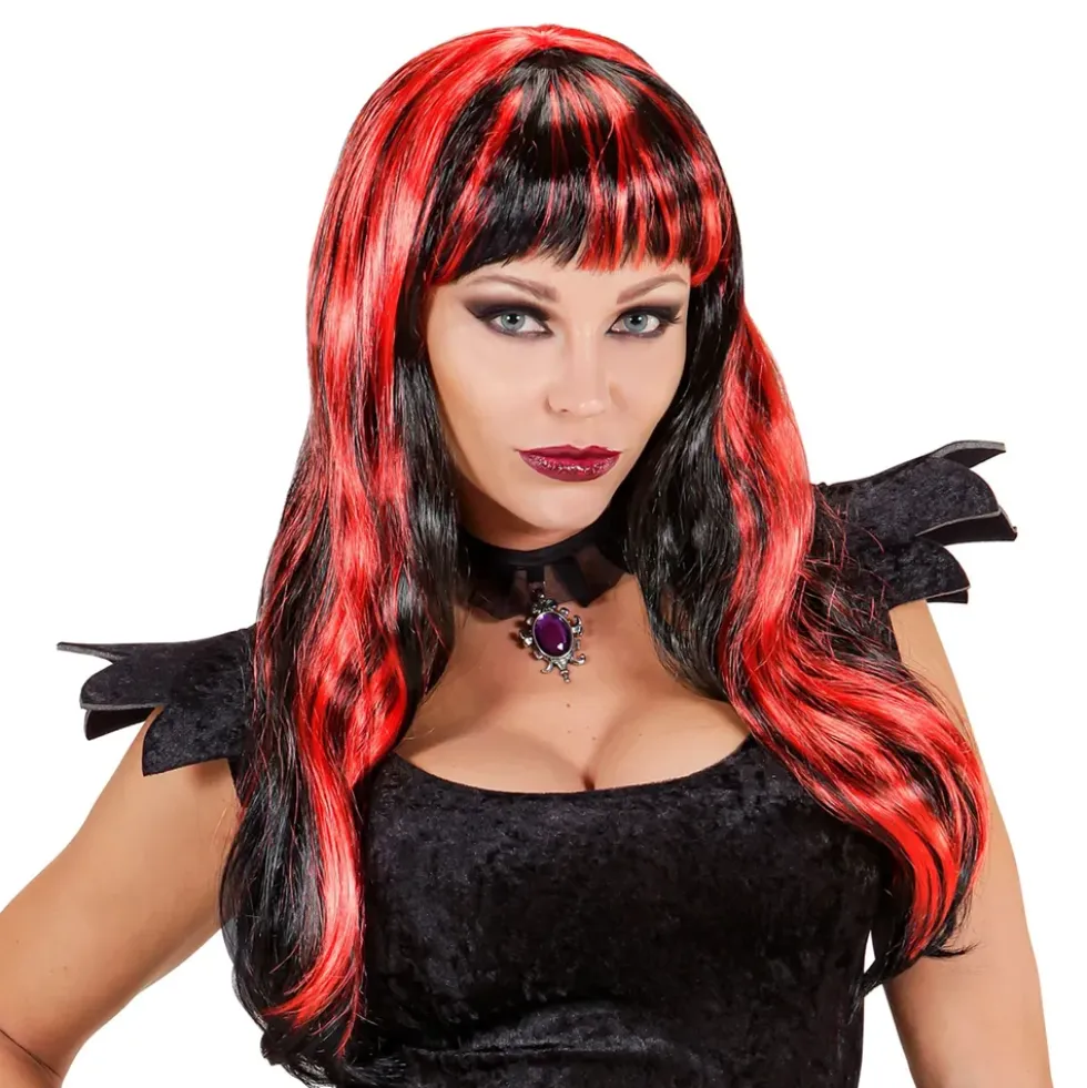 Lång Svart/Röd Halloween Peruk
