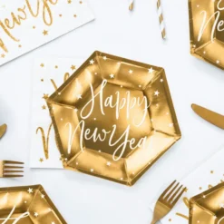 Pappersassietter Happy New Year Guld Hexagon Celebrate