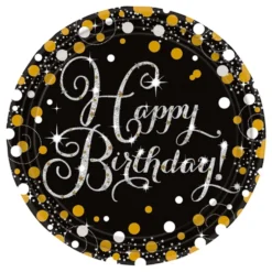 Papperstallrikar Happy Birthday Silver/Guld Glitter