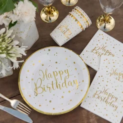 Papperstallrikar Happy Birthday Guld/Vit