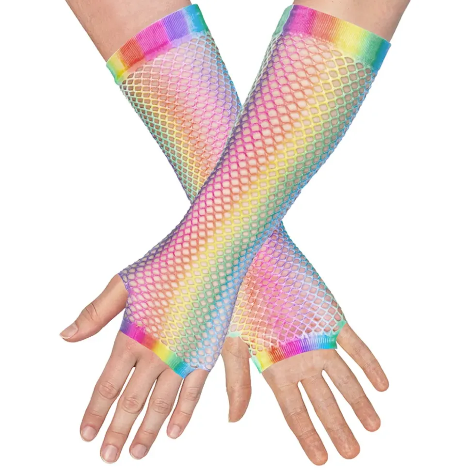 80-tals UV Fingerlösa Näthandskar Långa Regnbåge Neon