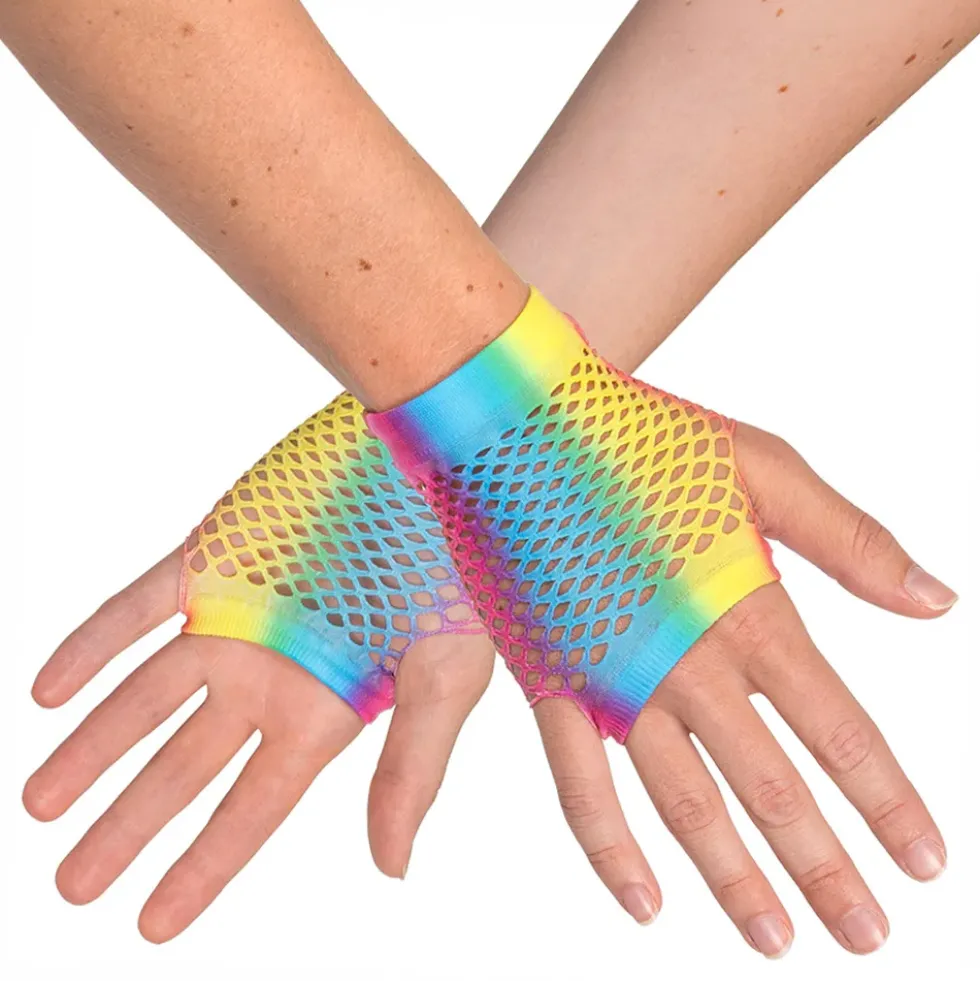 80-tals UV Fingerlösa Näthandskar Korta Regnbåge Neon