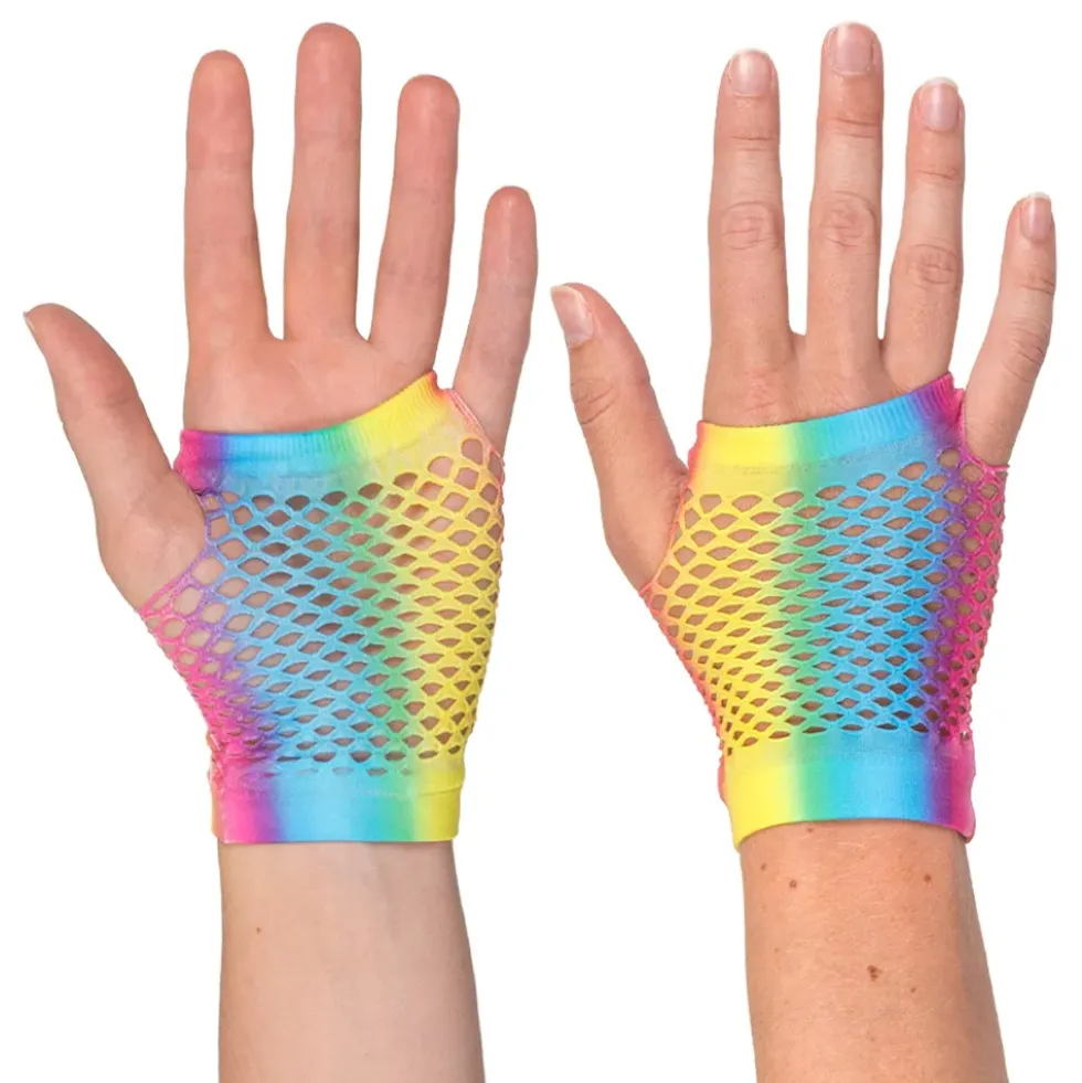 80-tals UV Fingerlösa Näthandskar Korta Regnbåge Neon
