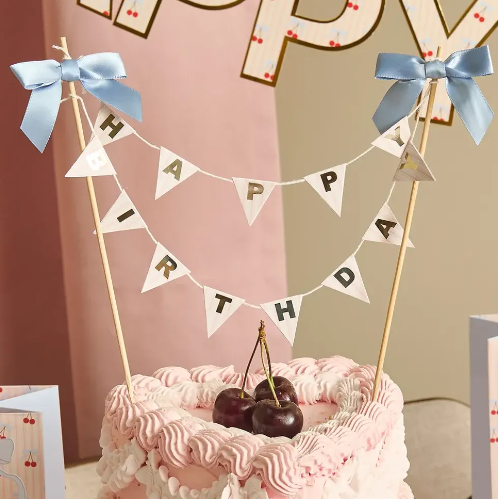 Tårtdekoration Happy Birthday Rosett Blå